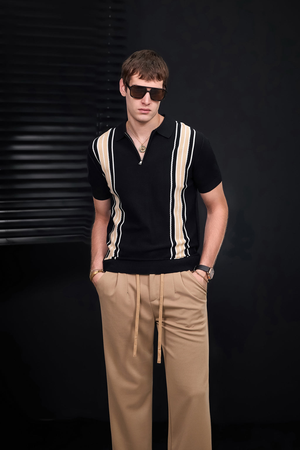 Retro Stripe Zip Knit Polo BLACK/KHAKI
