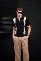 Retro Stripe Zip Knit Polo BLACK/KHAKI