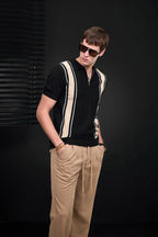 Retro Stripe Zip Knit Polo BLACK/KHAKI