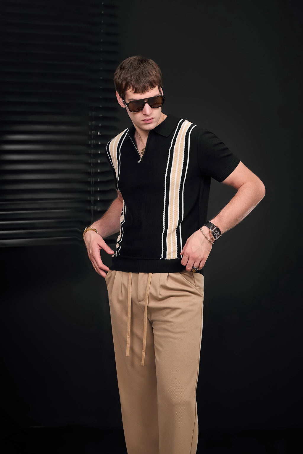 Retro Stripe Zip Knit Polo BLACK/KHAKI