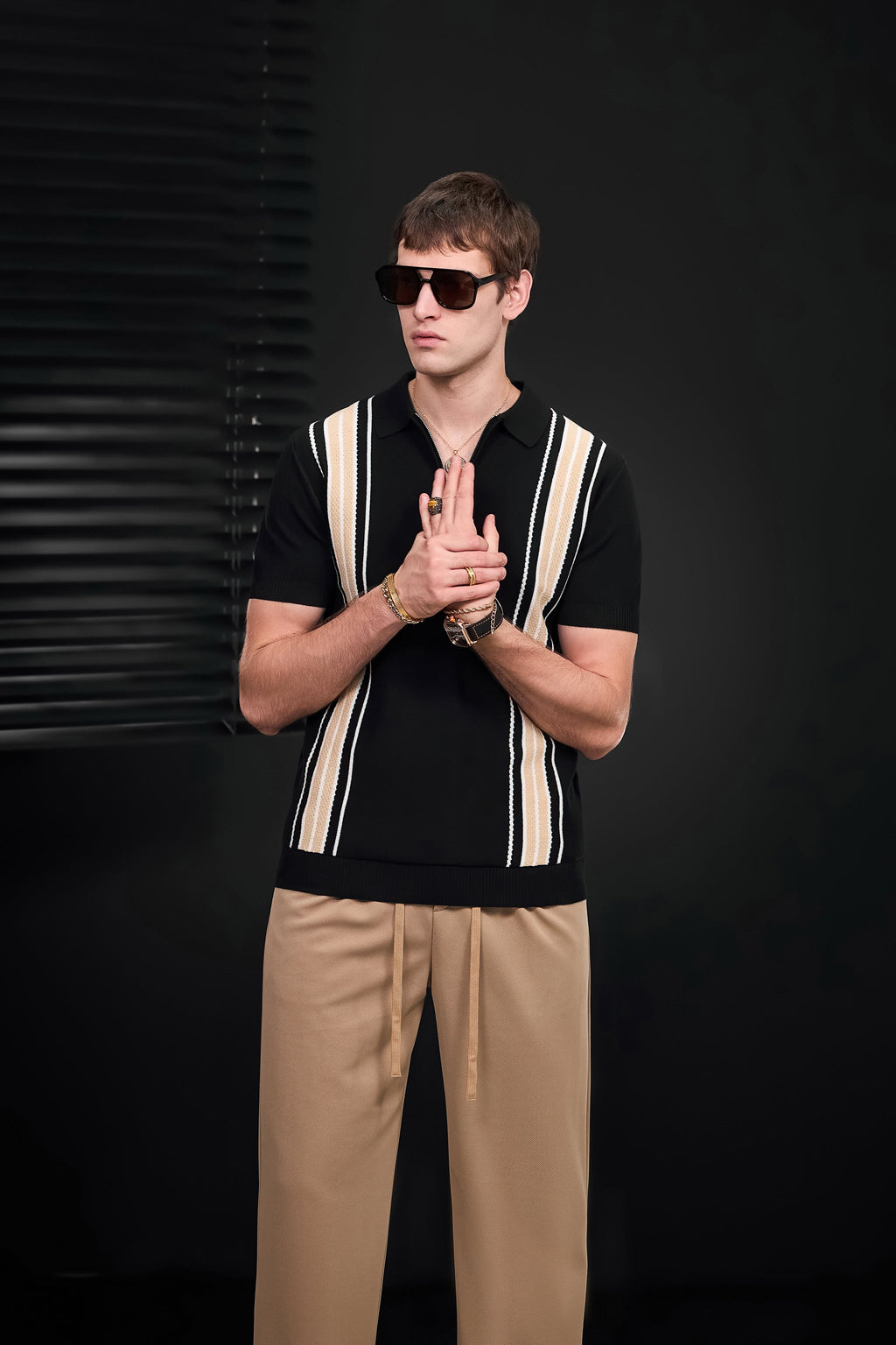 Retro Stripe Zip Knit Polo BLACK/KHAKI