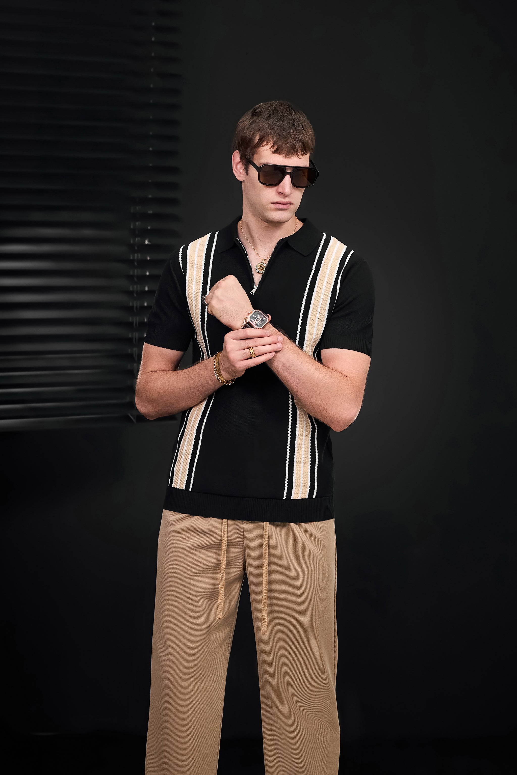Retro Stripe Zip Knit Polo BLACK/KHAKI