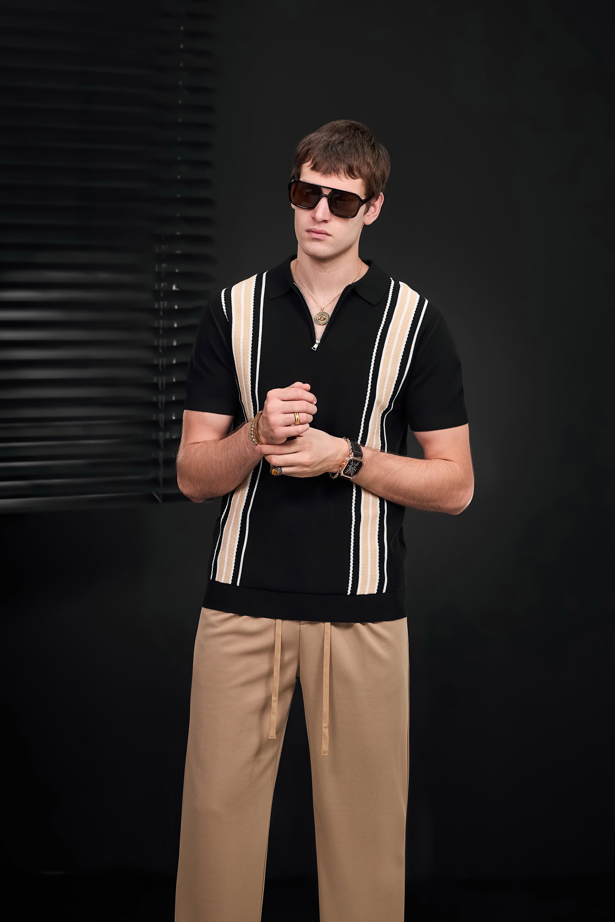 Retro Stripe Zip Knit Polo BLACK/KHAKI