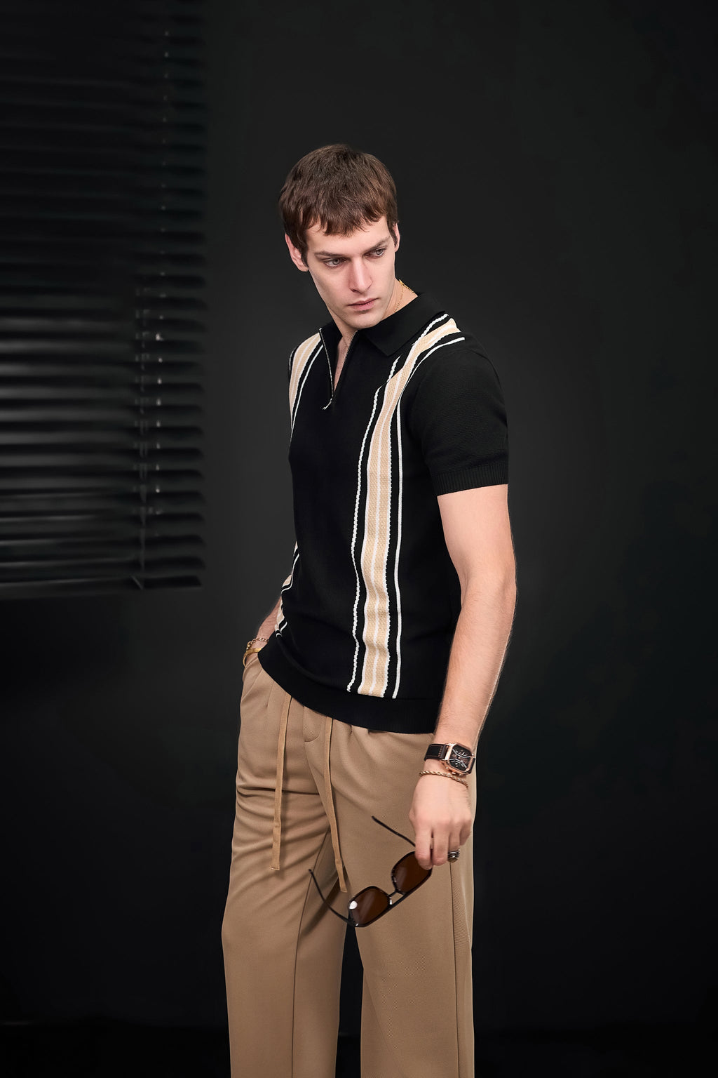 Retro Stripe Zip Knit Polo BLACK/KHAKI