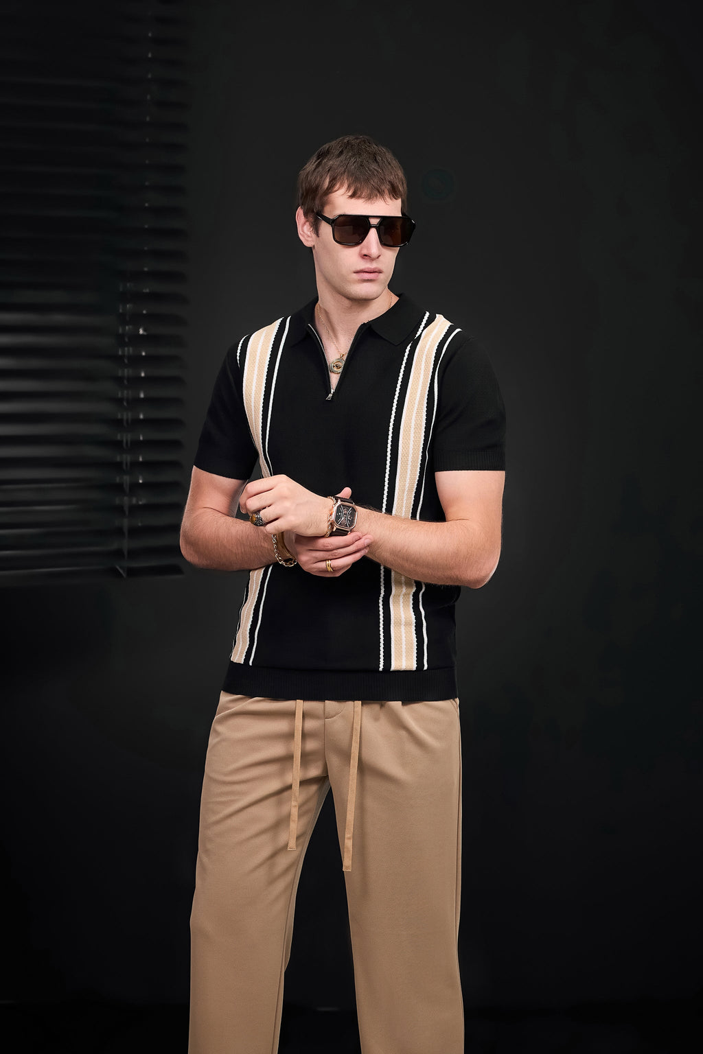 Retro Stripe Zip Knit Polo BLACK/KHAKI