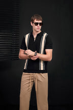 Retro Stripe Zip Knit Polo BLACK/KHAKI