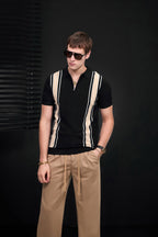Retro Stripe Zip Knit Polo BLACK/KHAKI