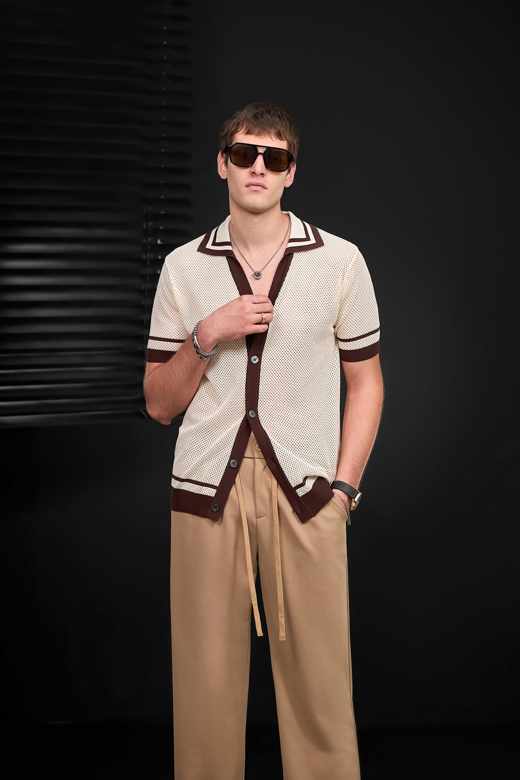 Contrast Trim Mesh Knit Button-Up IVORY