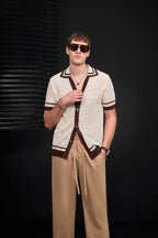 Contrast Trim Mesh Knit Button-Up IVORY