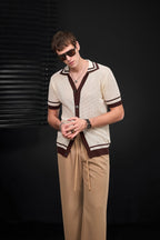 Contrast Trim Mesh Knit Button-Up IVORY
