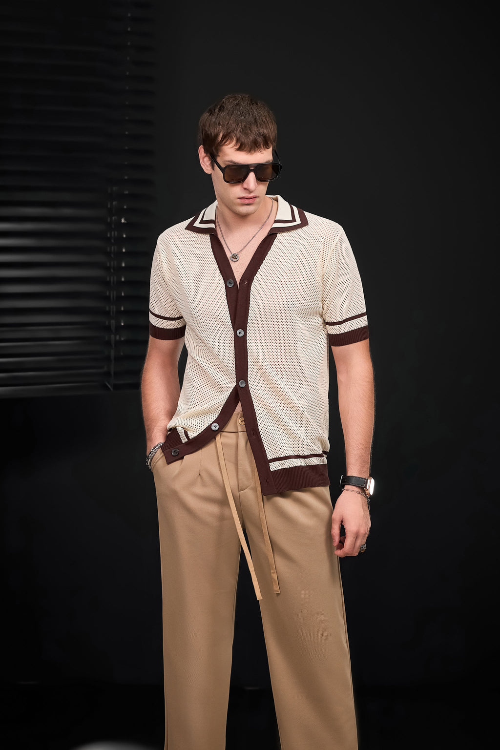 Contrast Trim Mesh Knit Button-Up IVORY