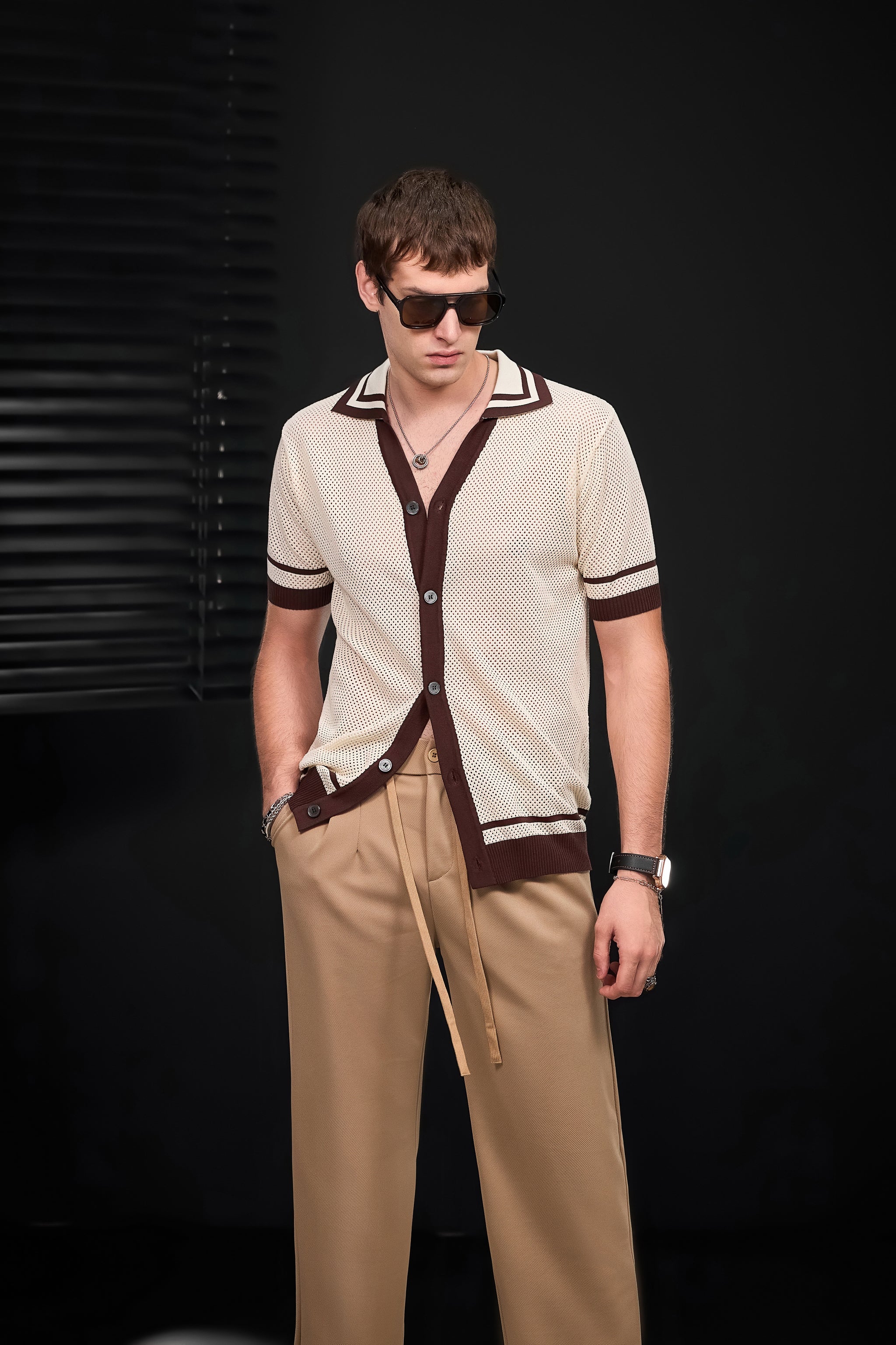 Contrast Trim Mesh Knit Button-Up IVORY