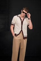Contrast Trim Mesh Knit Button-Up IVORY