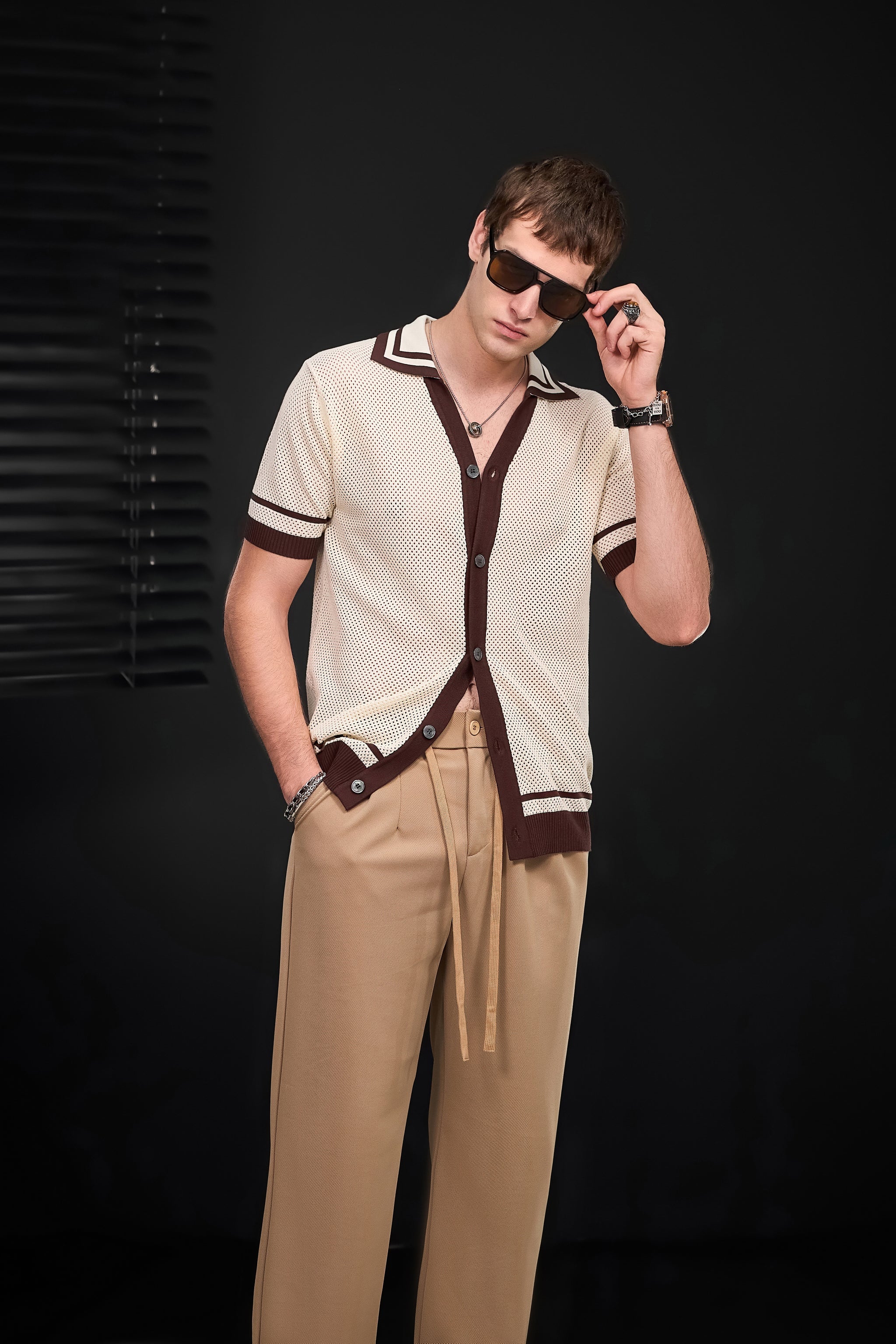 Contrast Trim Mesh Knit Button-Up IVORY