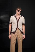 Contrast Trim Mesh Knit Button-Up IVORY