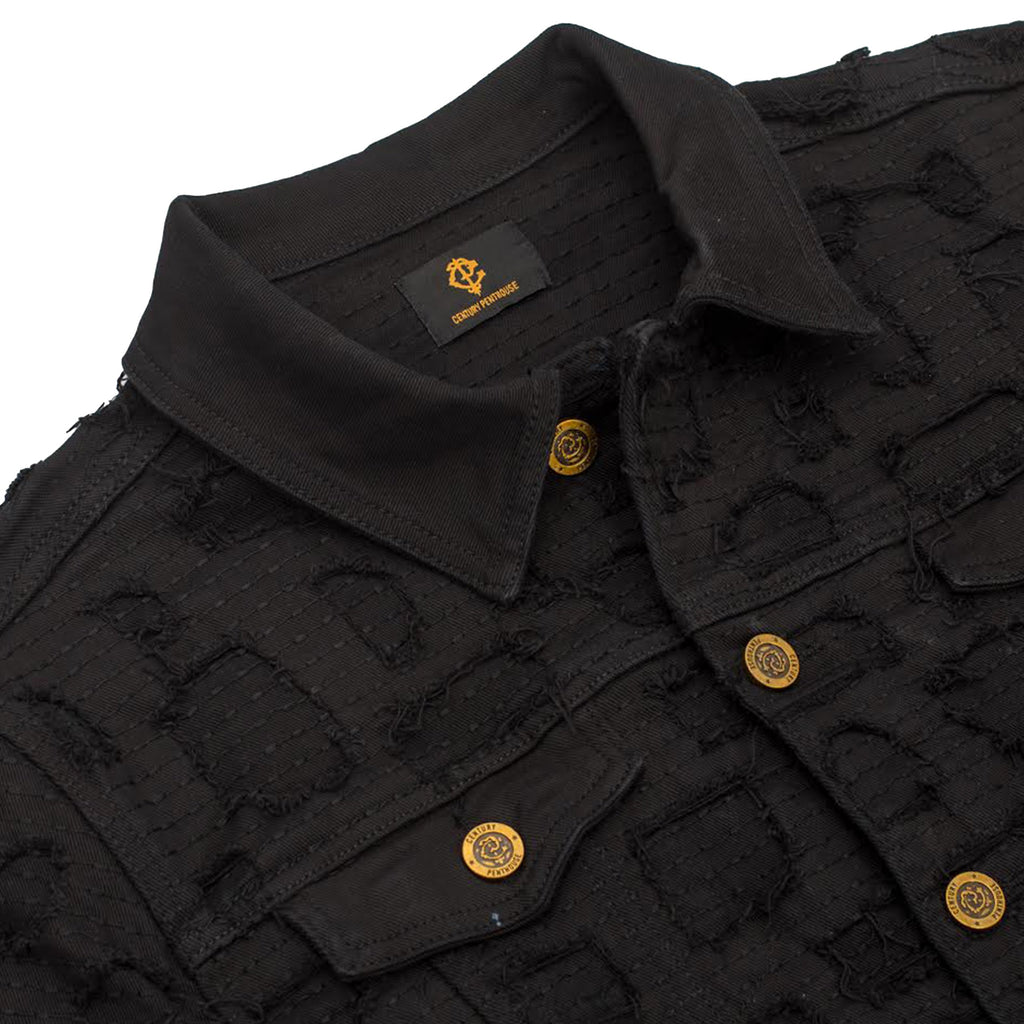 Patchwork Distressed Denim Jacket  - CENTURY PENTHOUSE BLACK