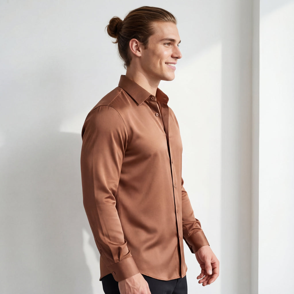 SIGNATURE SATIN STITCHLESS LS Shirt COFFEE