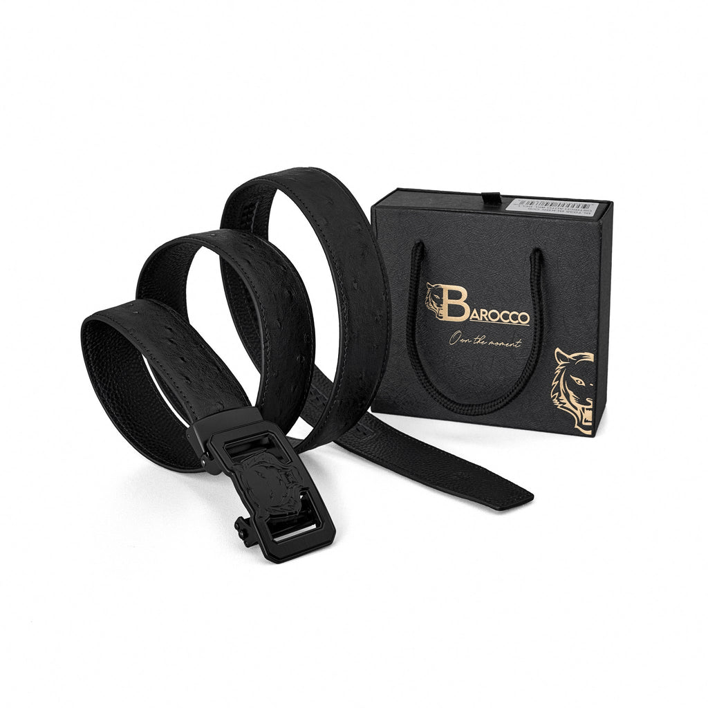 Ostrich-Emb. Leather Lion Auto BKL Belt – Blackout BLACK/BLACK