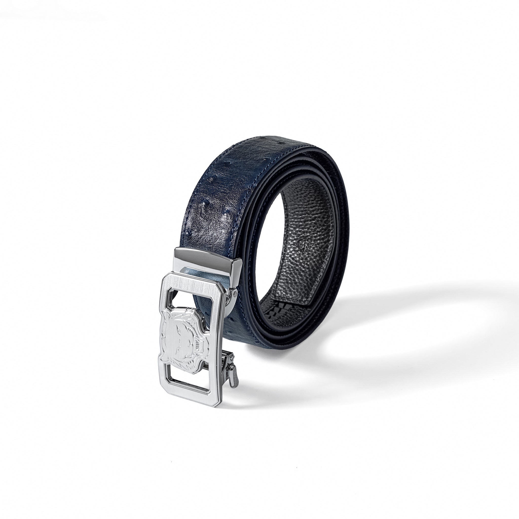 Ostrich-Embossed Leather Lion Auto BKL Belt – Silv SILVER/NAVY