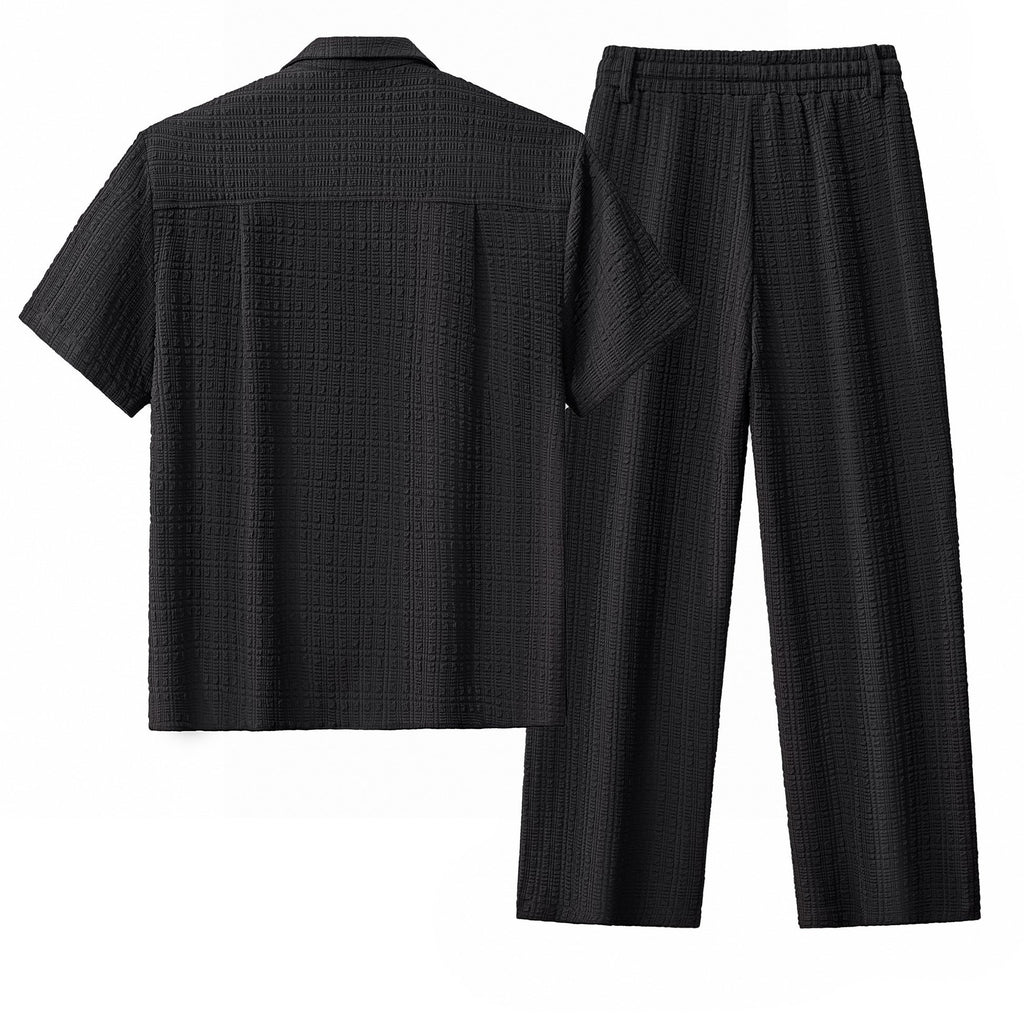 Loft Set – Textured Short Sleeve Shirt & Pant BLACK