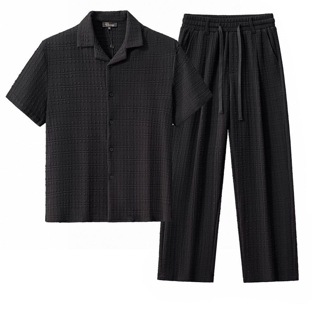 Loft Set – Textured Short Sleeve Shirt & Pant BLACK