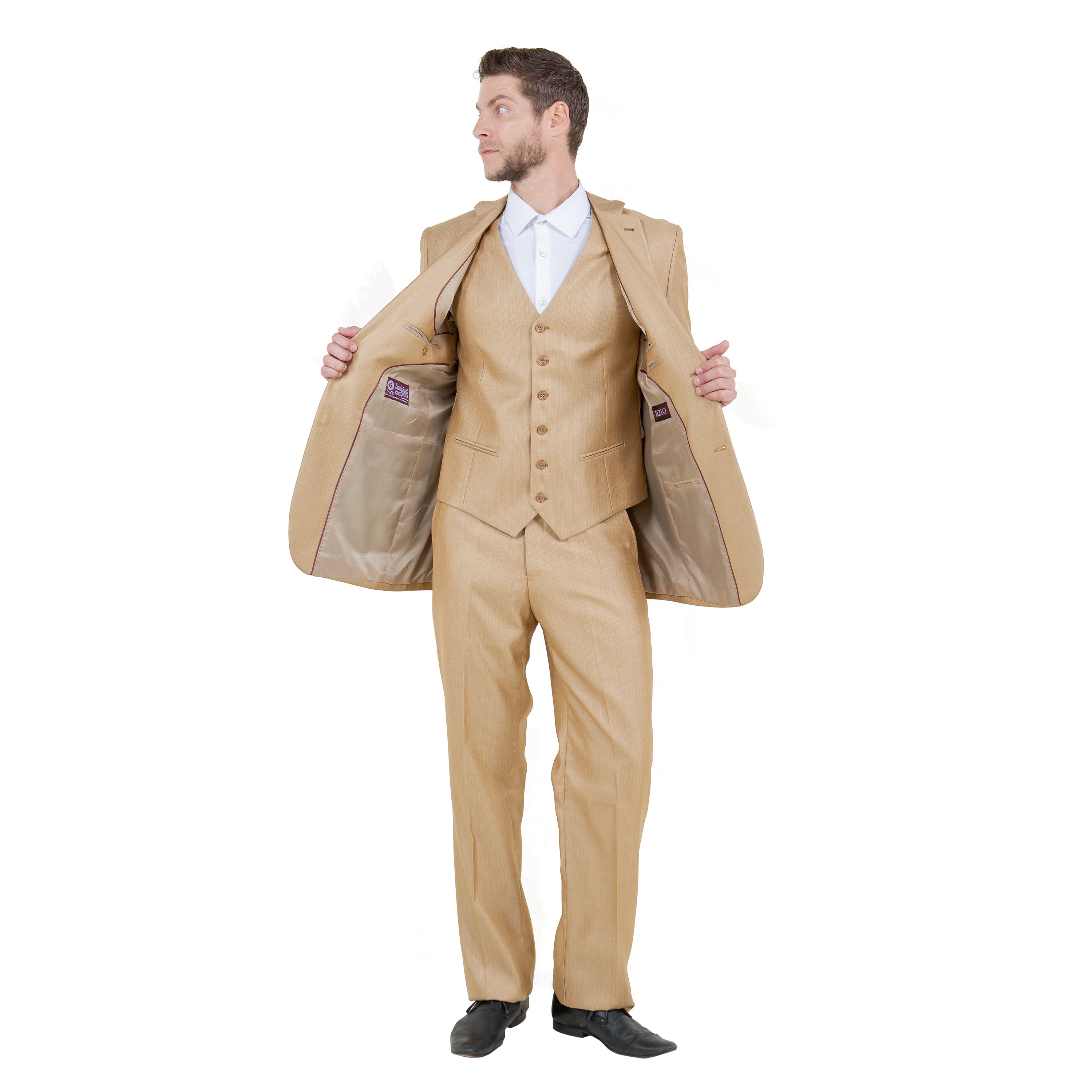 Lt. Beige Solid Shiny Sharkskin 3-PC Regular Modern Fit Suits