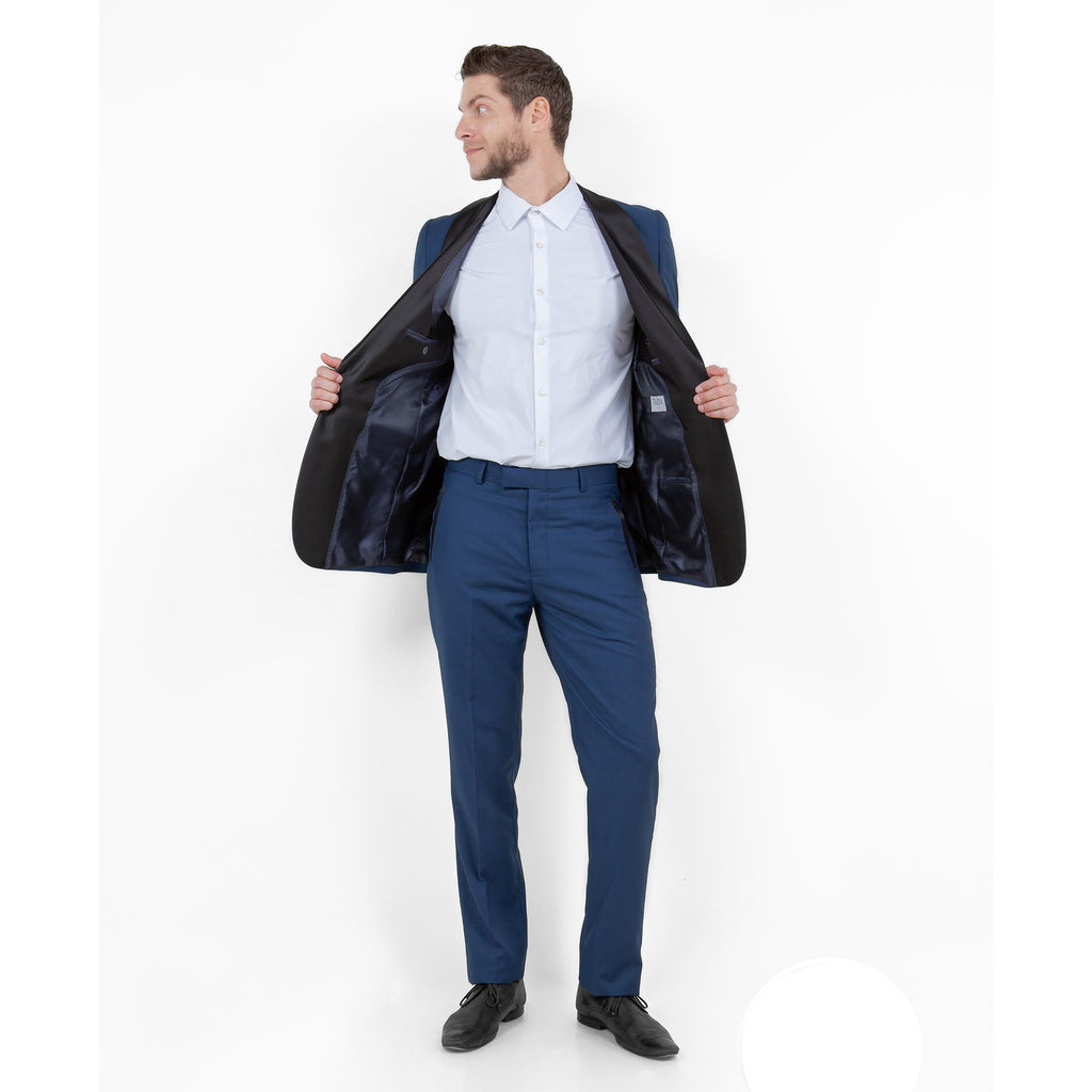 Blue / Black Solid with Black Shawl Collar Trim 2-PC Slim Fit Suits