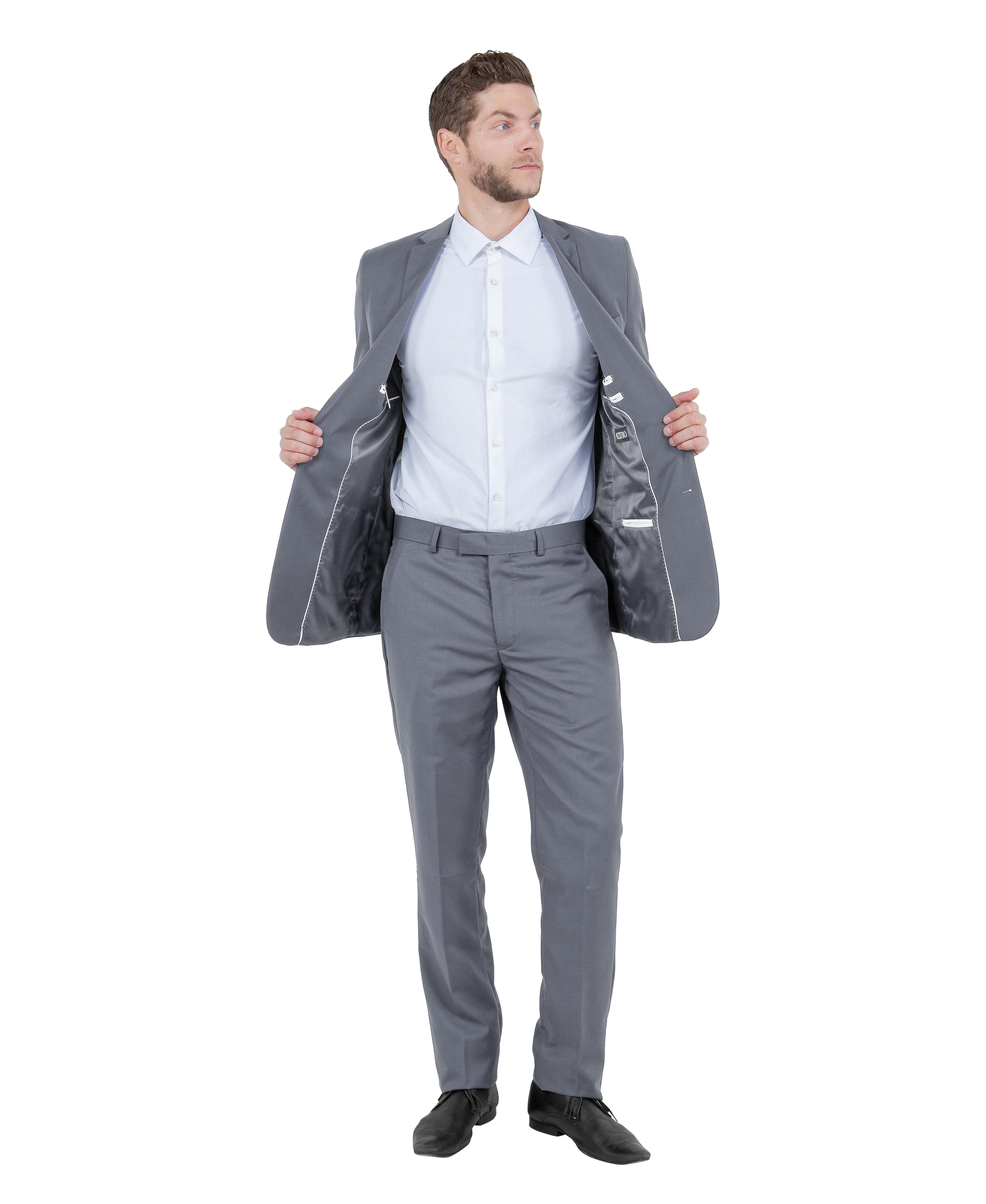 Mid Grey Men's Hybrid-Fit 3pc Paisley Suit w/ Wide Black Shawl Collar
