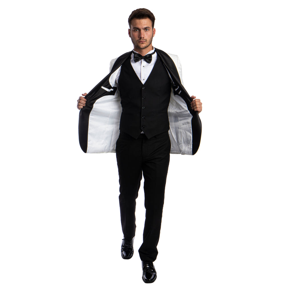 White Men's Hybrid-Fit 3pc Paisley Suit w/ Wide Black Shawl Collar