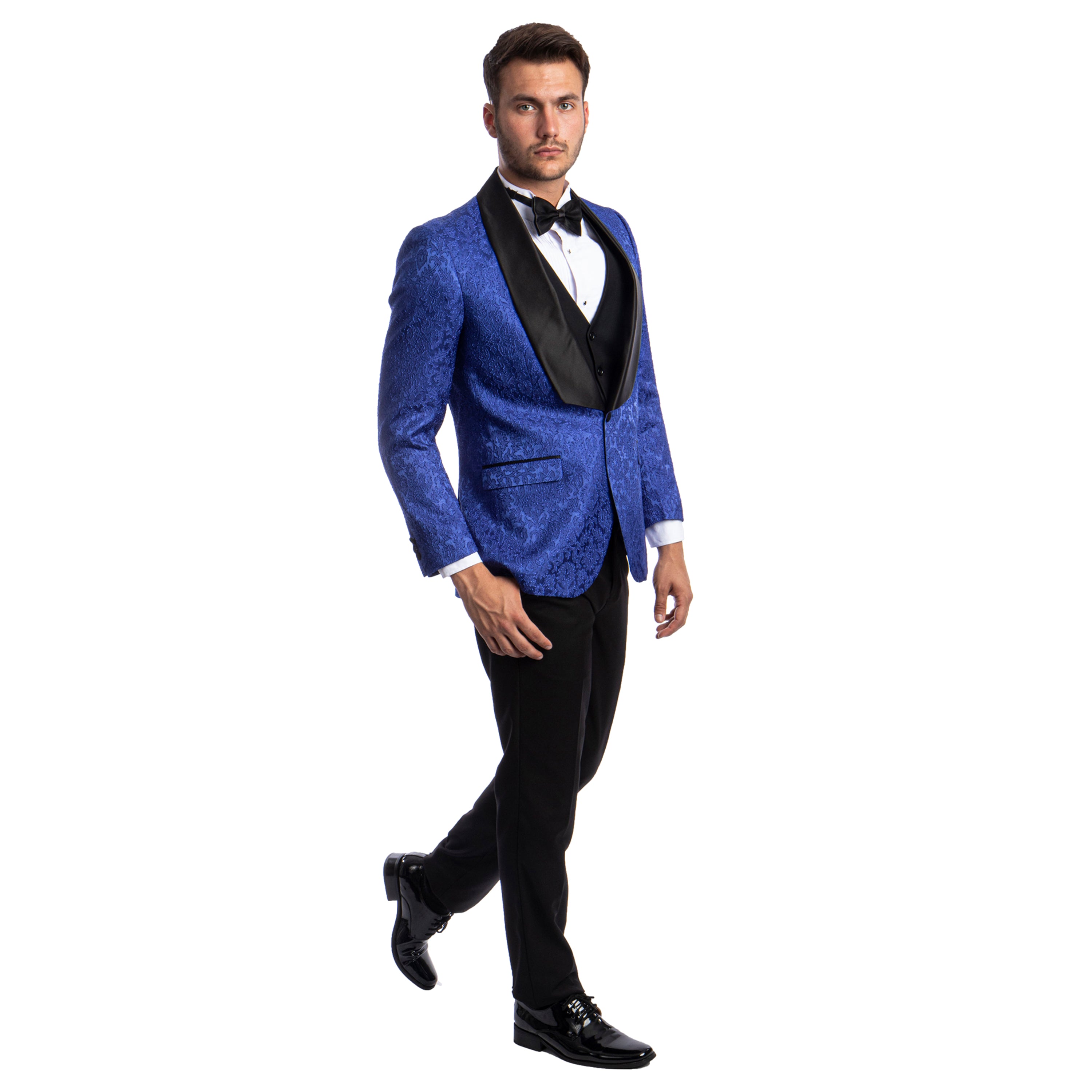 Burgundy Men's Hybrid-Fit 3pc Paisley Suit w/ Wide Black Shawl Collar