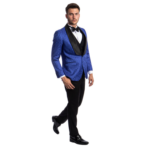 Burgundy Men's Hybrid-Fit 3pc Paisley Suit w/ Wide Black Shawl Collar