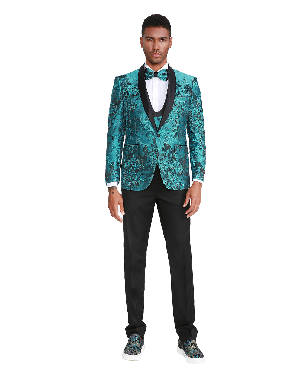 Men's Suit 3pc Paisley Satin Shawl Lapel With Matching Solid Satin Pants & Collared Double Breasted Vest For All Occasions