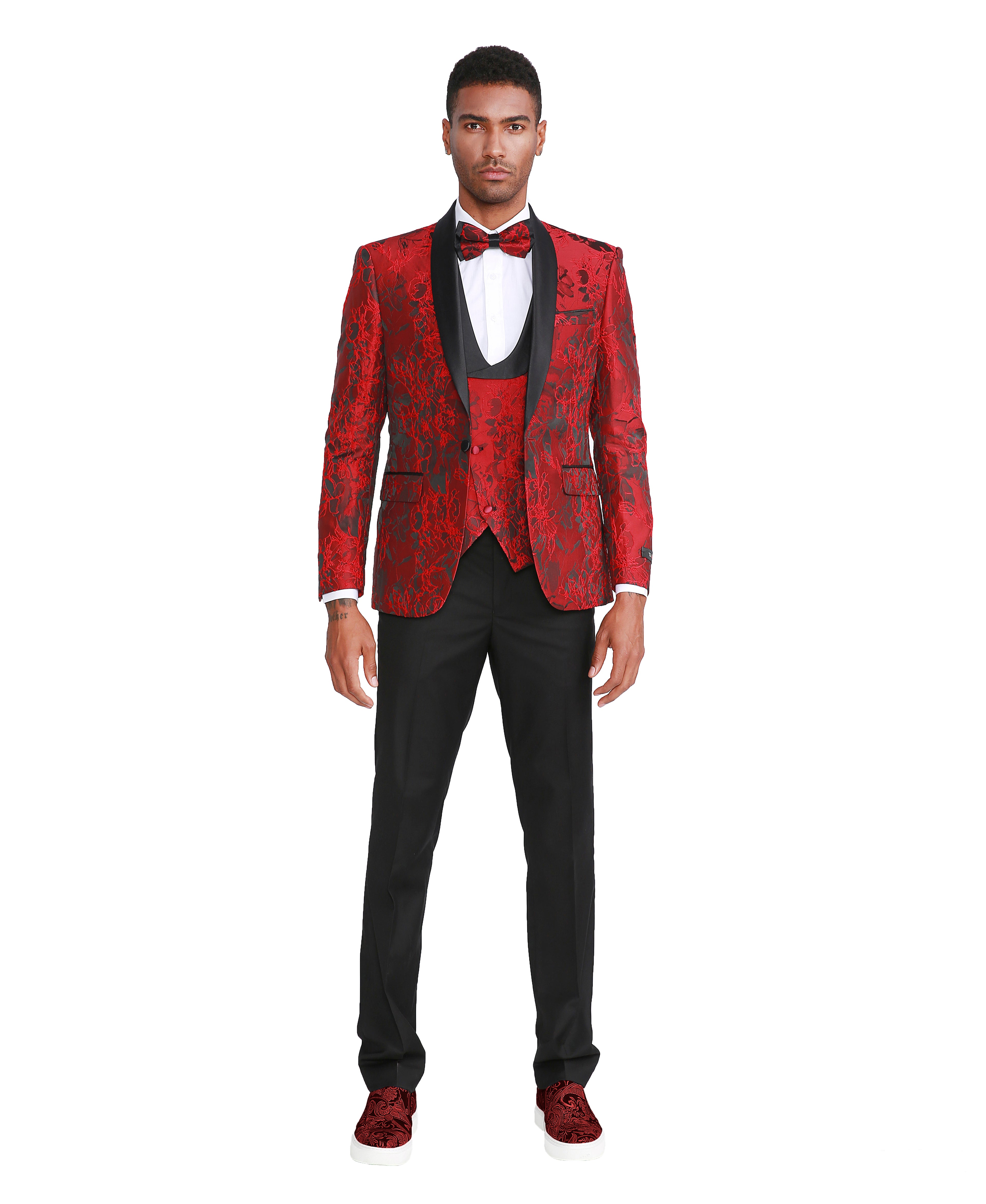 Men's Suit 3pc Paisley Satin Shawl Lapel With Matching Solid Satin Pants & Collared Double Breasted Vest For All Occasions