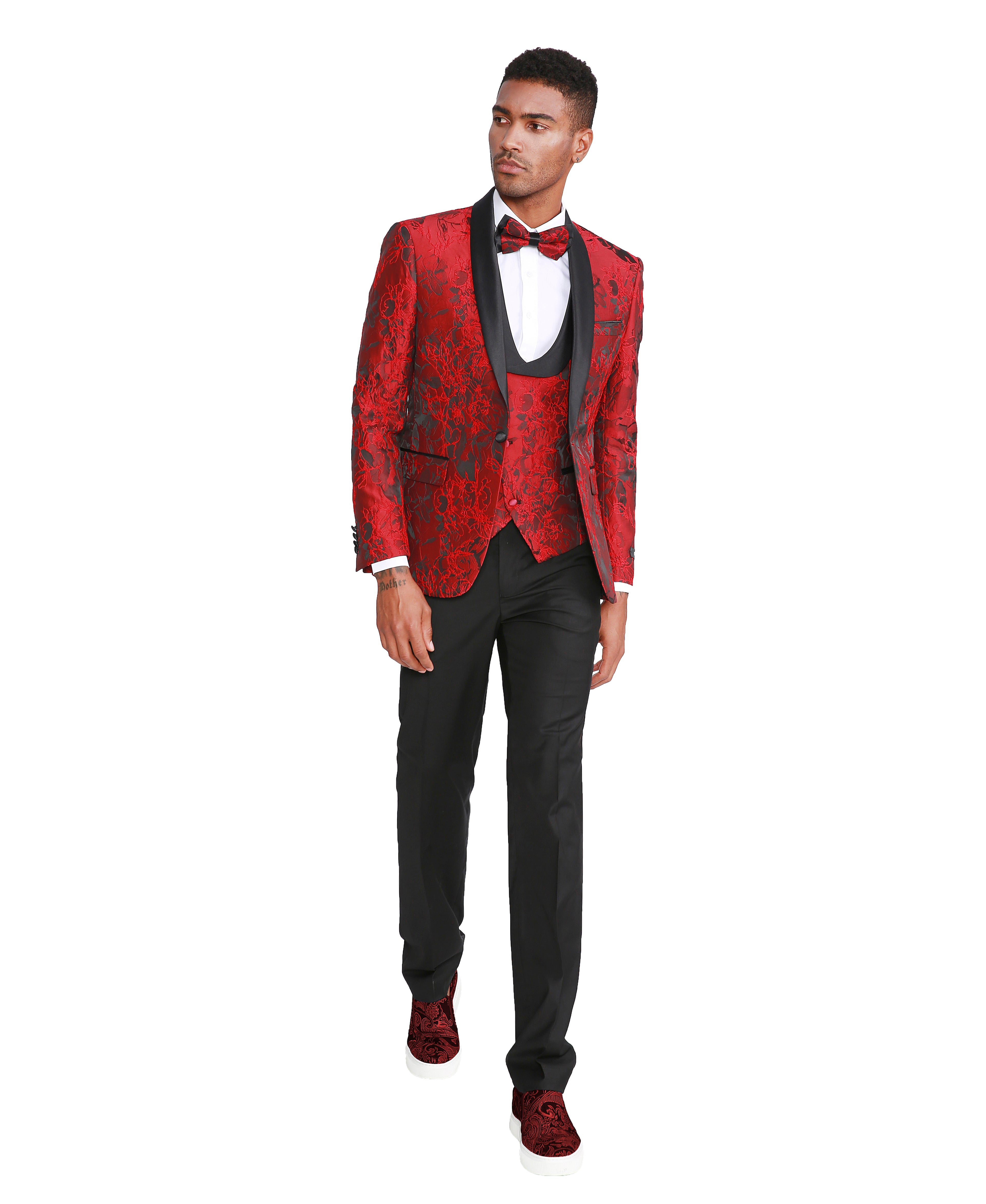 Men's Suit 3pc Paisley Satin Shawl Lapel With Matching Solid Satin Pants & Collared Double Breasted Vest For All Occasions