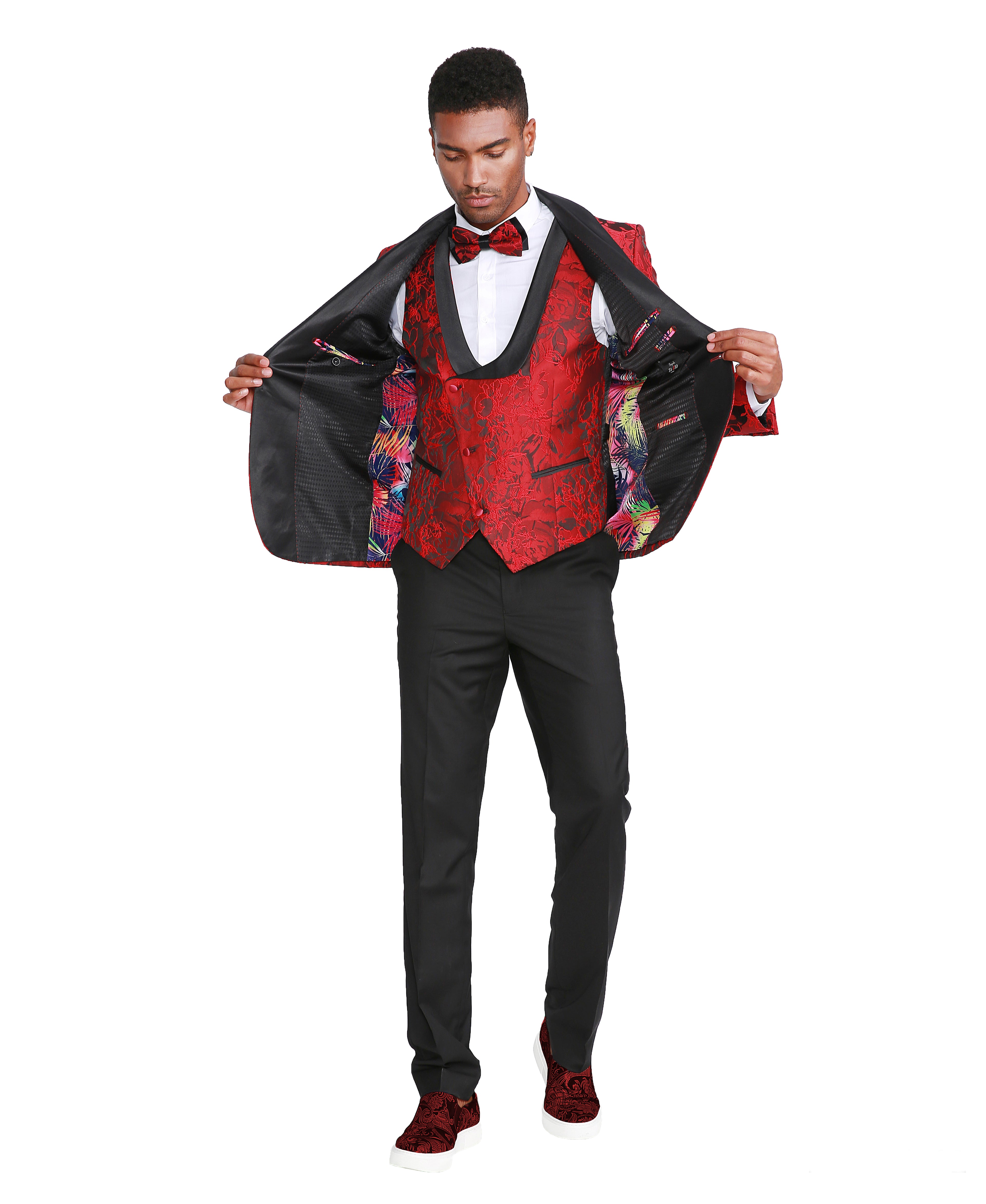 Men's Suit 3pc Paisley Satin Shawl Lapel With Matching Solid Satin Pants & Collared Double Breasted Vest For All Occasions