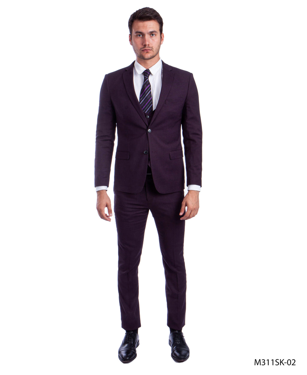 Burgundy 3 PC Birdseye Suit Skinny Fit Suits