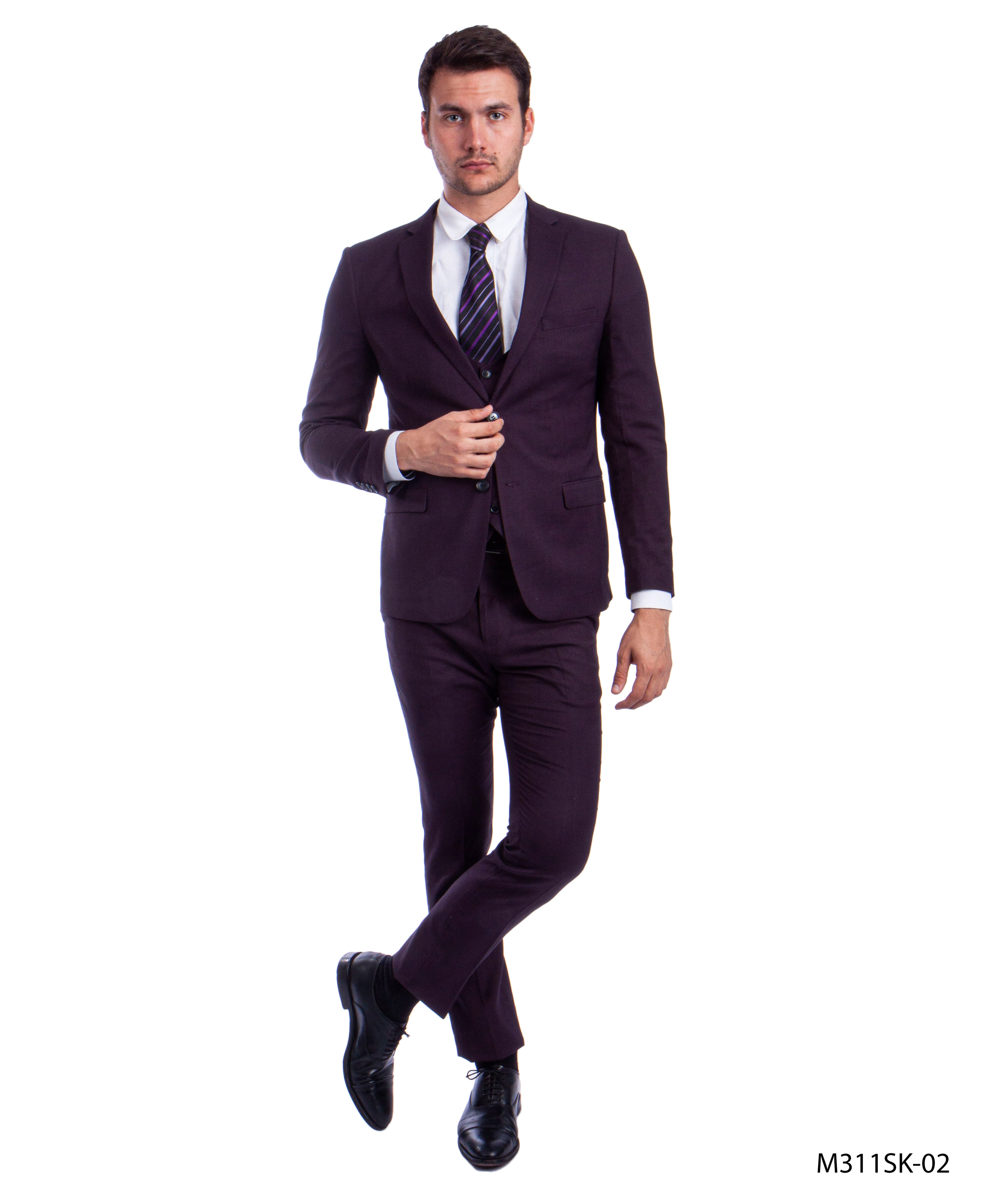 Burgundy 3 PC Birdseye Suit Skinny Fit Suits