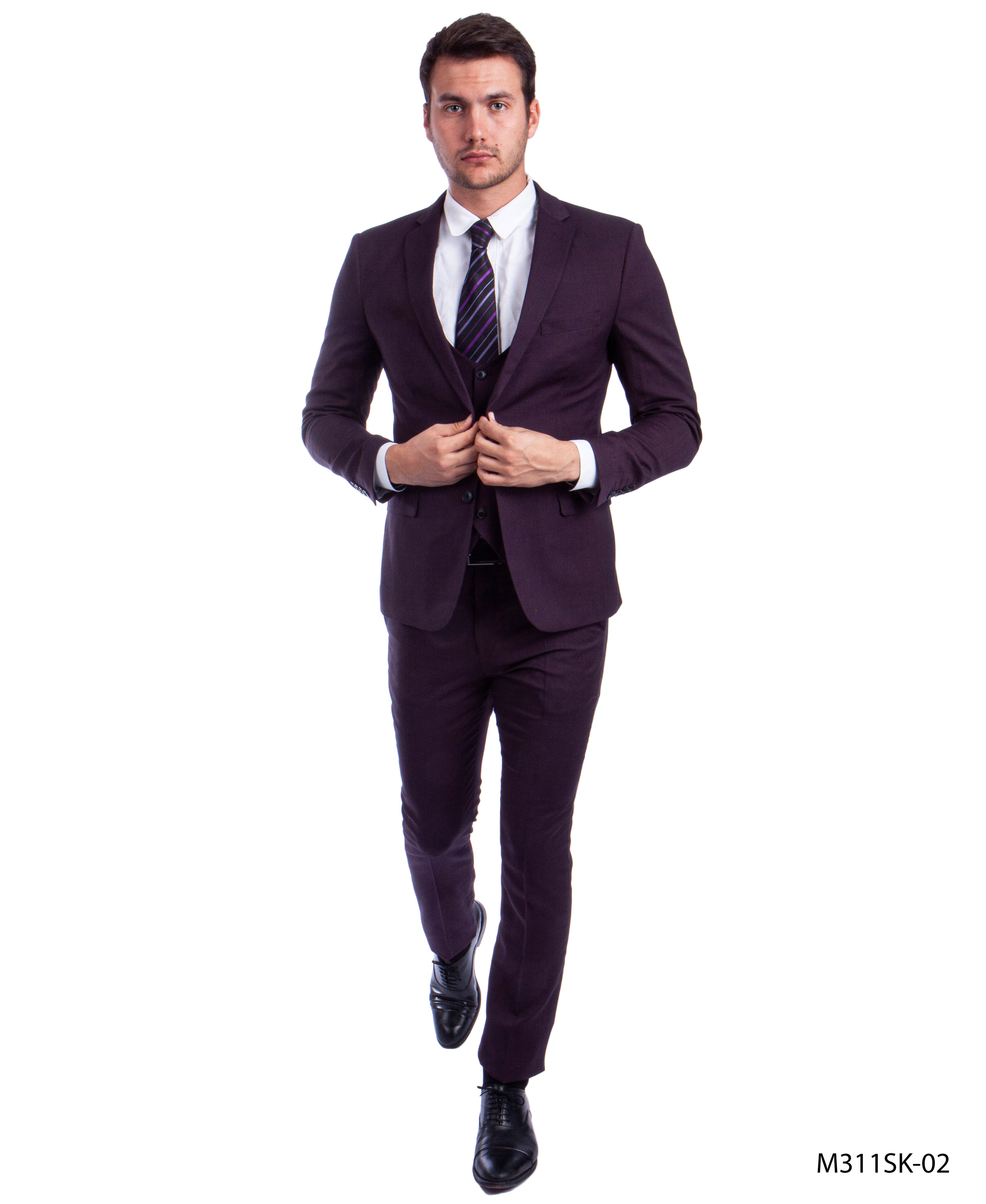 Burgundy 3 PC Birdseye Suit Skinny Fit Suits