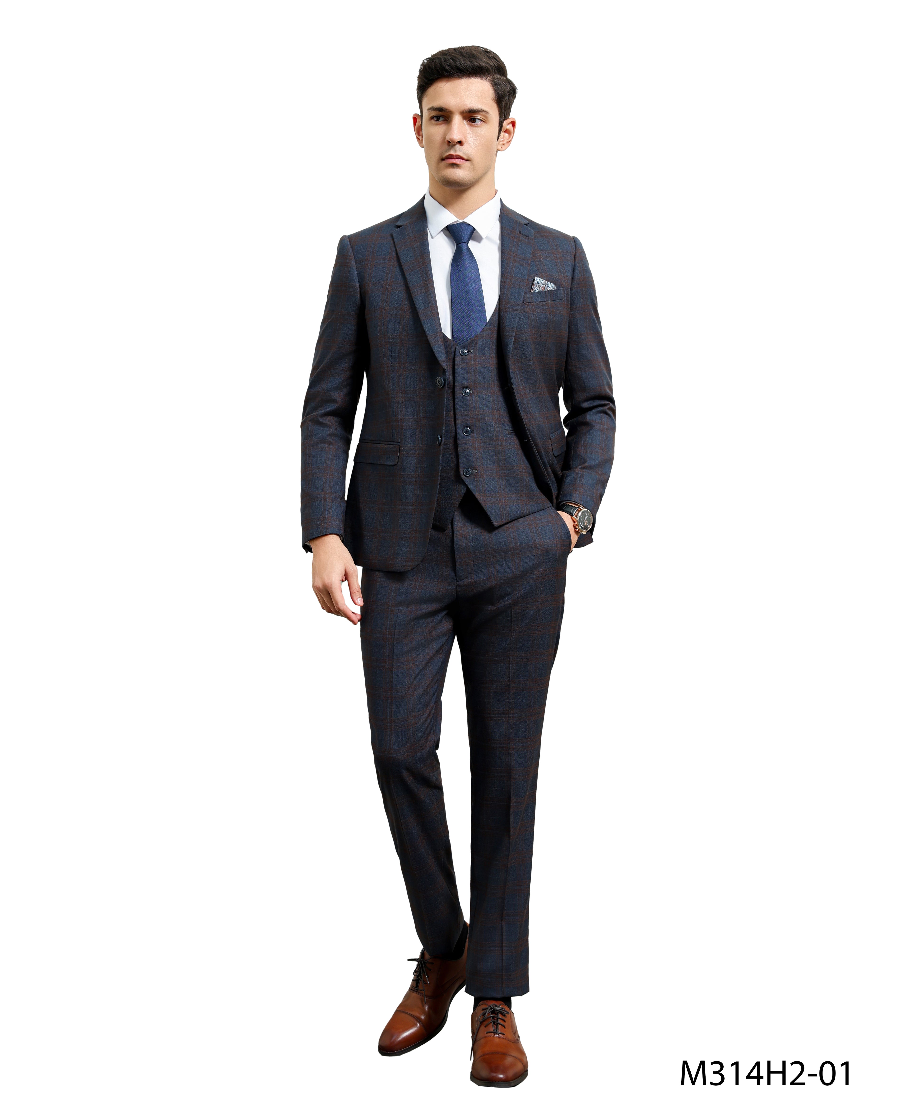 Men's Skinny-Fit Glen Plaid 3pc Suit Set w/ U-Neck Vest