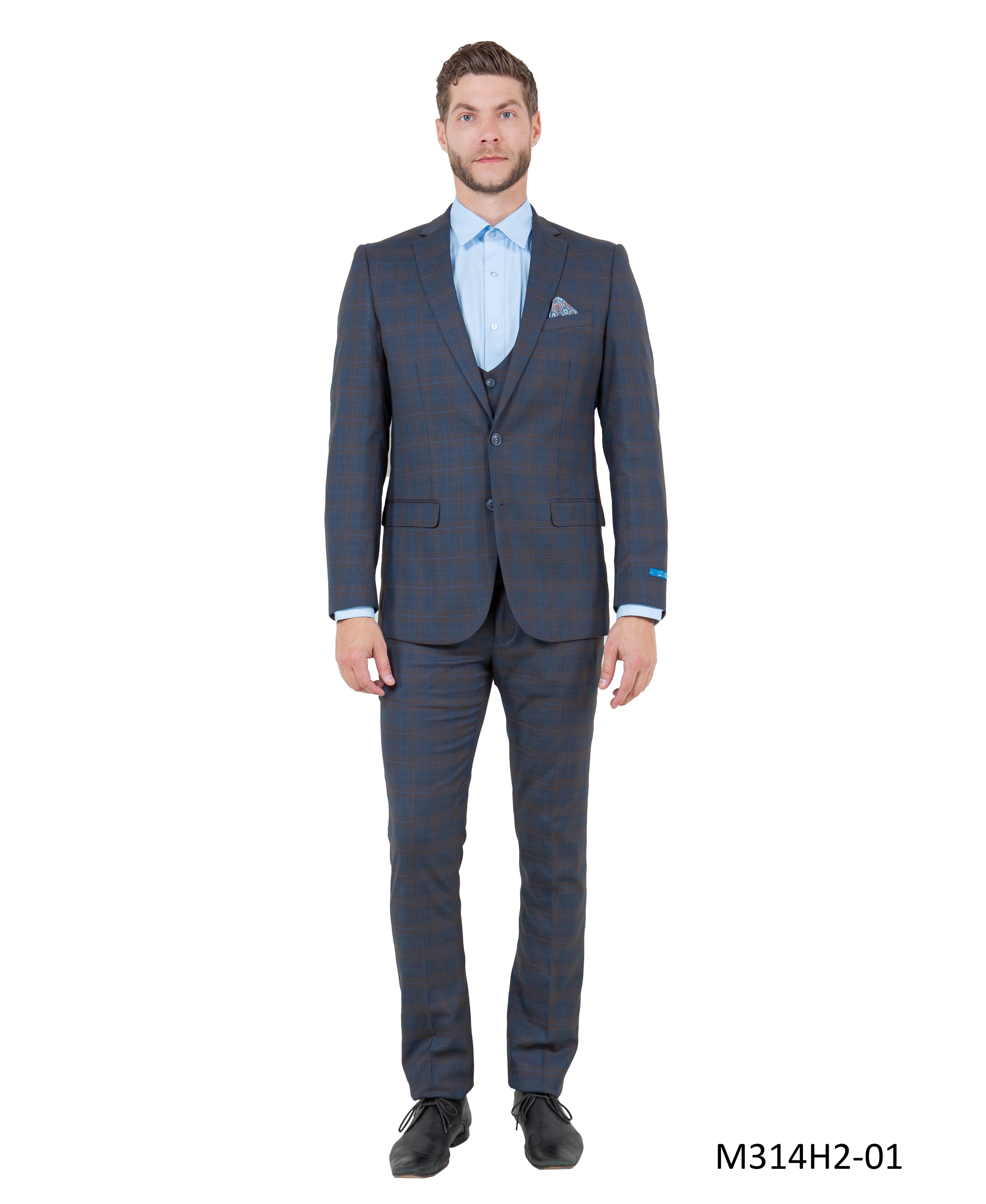 Men's Skinny-Fit Glen Plaid 3pc Suit Set w/ U-Neck Vest