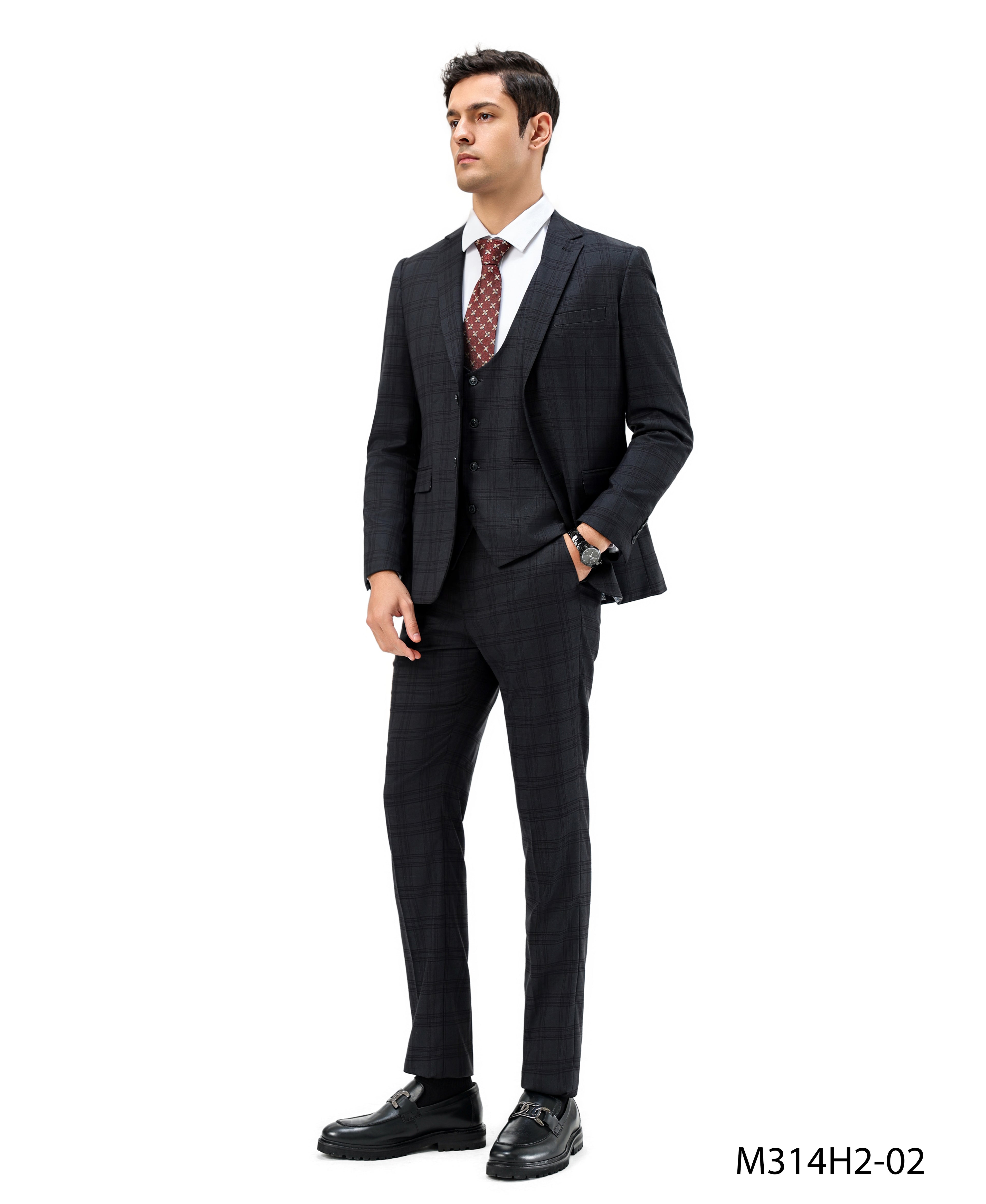 Men's Skinny-Fit Glen Plaid 3pc Suit Set w/ U-Neck Vest