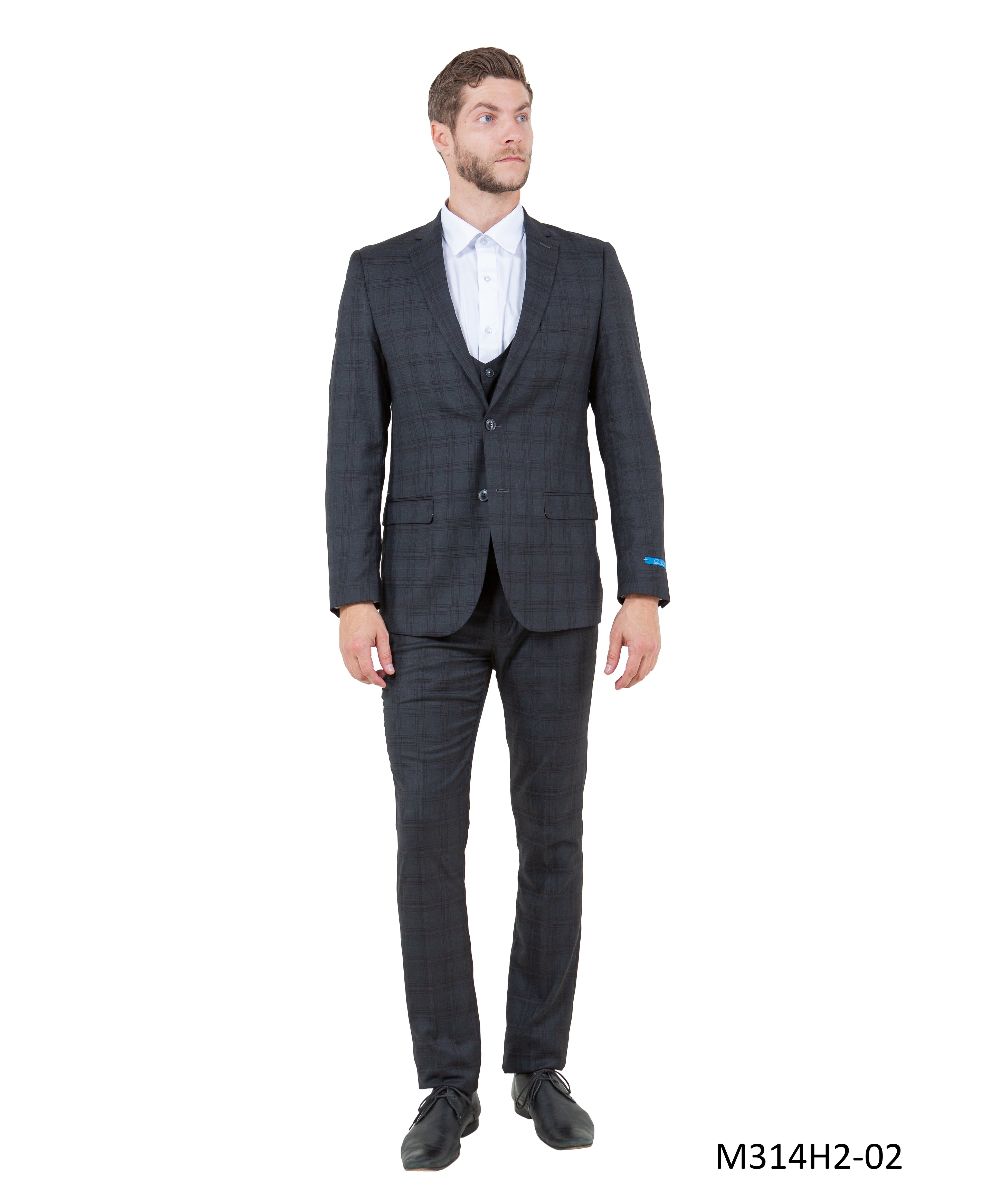 Men's Skinny-Fit Glen Plaid 3pc Suit Set w/ U-Neck Vest