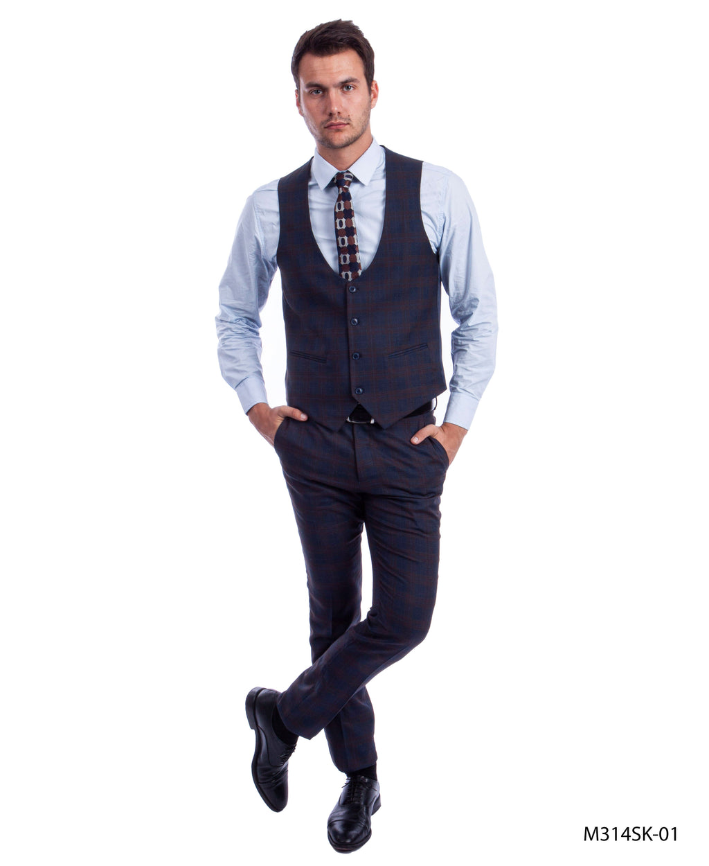Blue/Brown 3 PC Plaid Suit Skinny Fit Suits