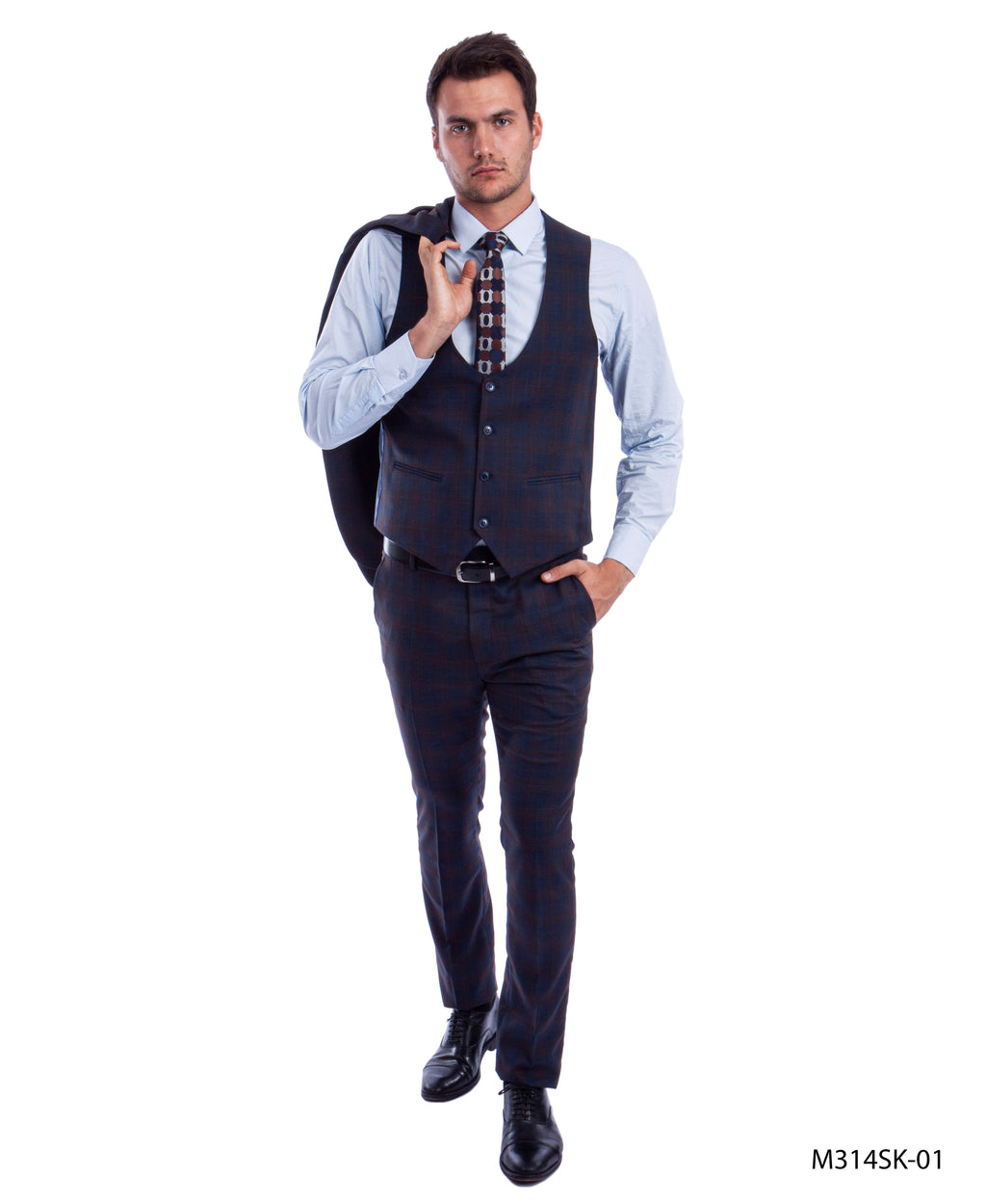 Blue/Brown 3 PC Plaid Suit Skinny Fit Suits