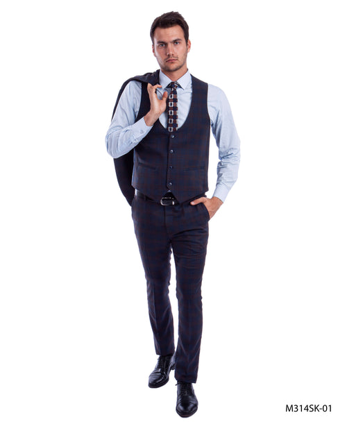 Blue/Brown 3 PC Plaid Suit Skinny Fit Suits