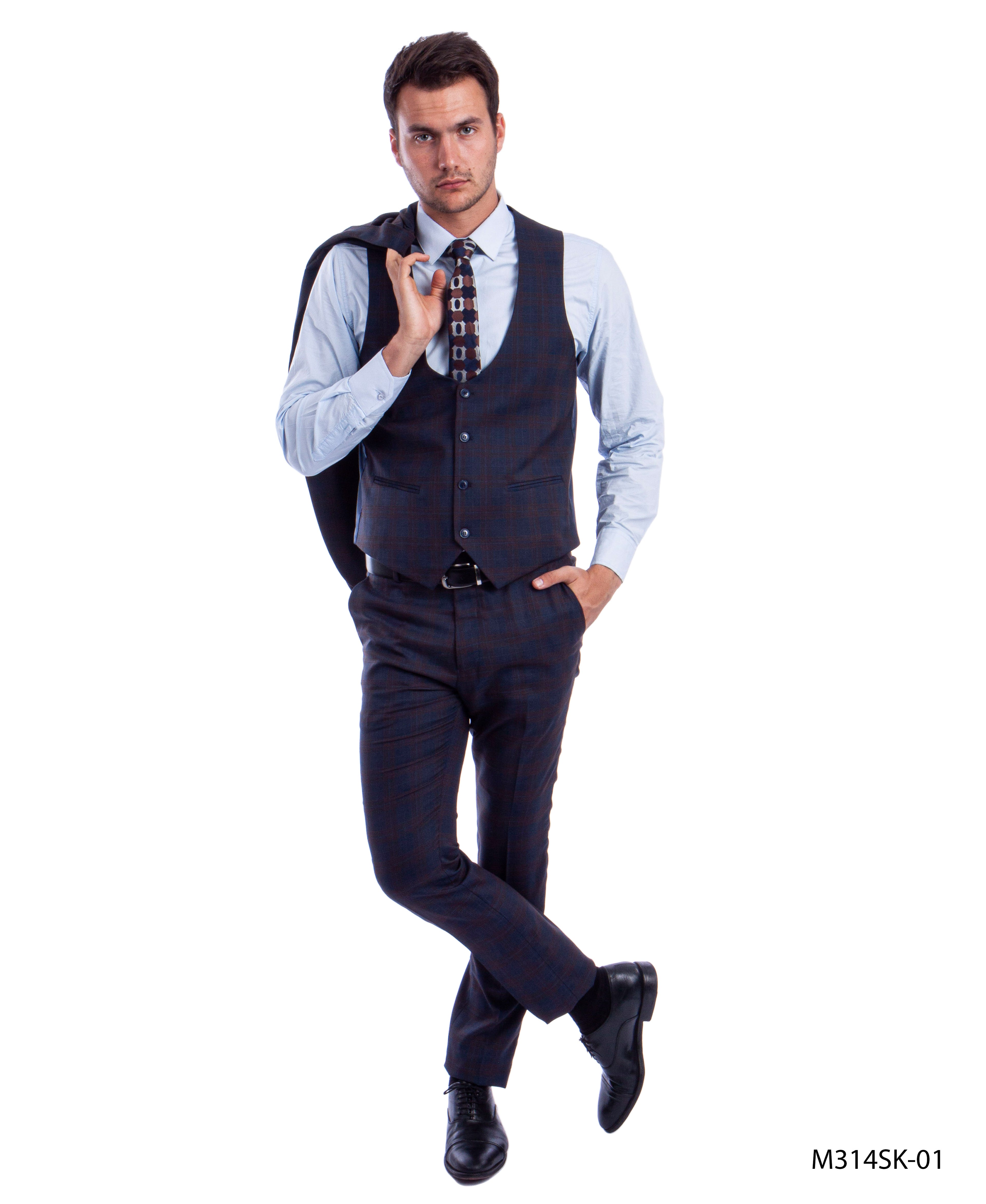 Blue/Brown 3 PC Plaid Suit Skinny Fit Suits