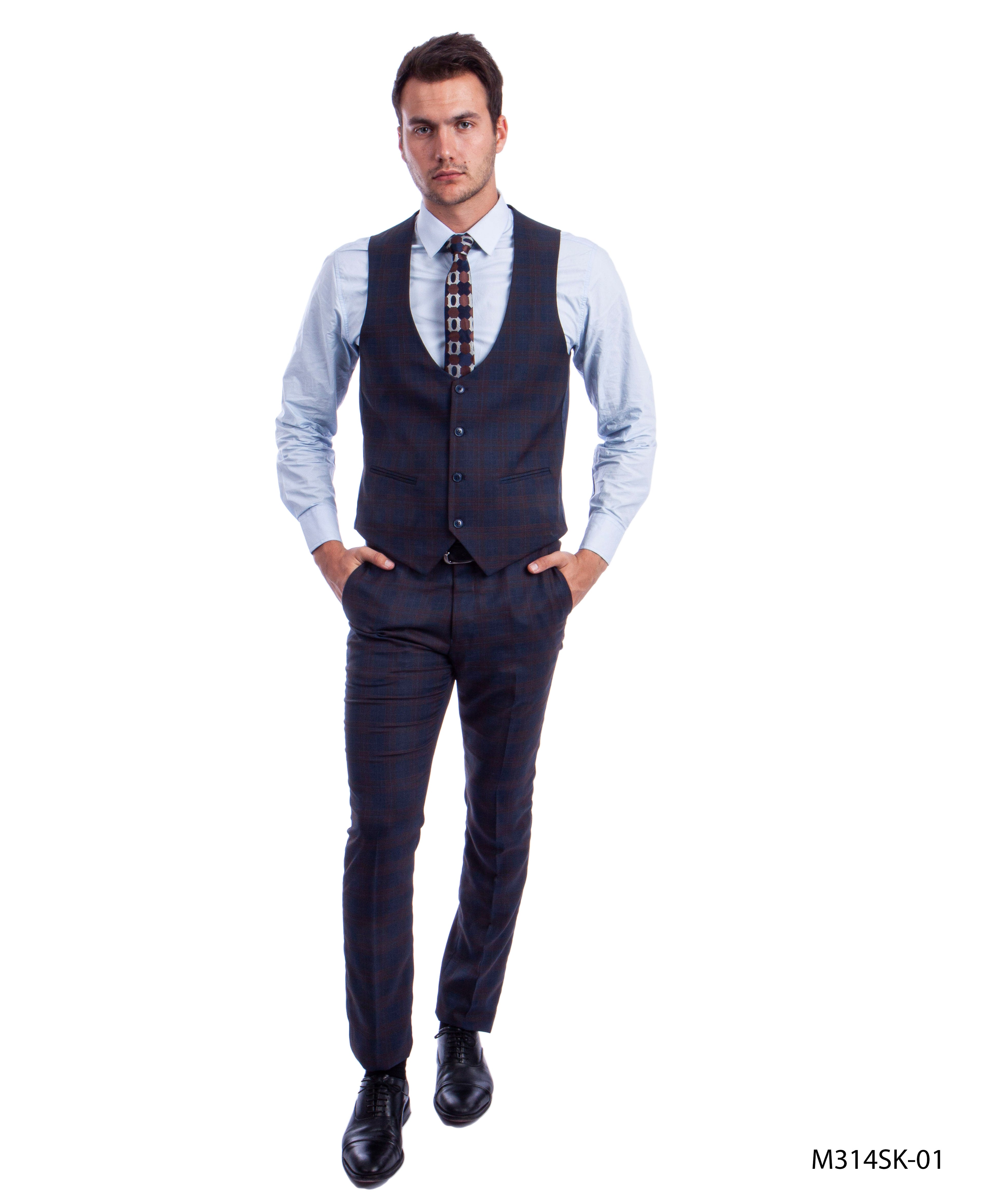 Blue/Brown 3 PC Plaid Suit Skinny Fit Suits