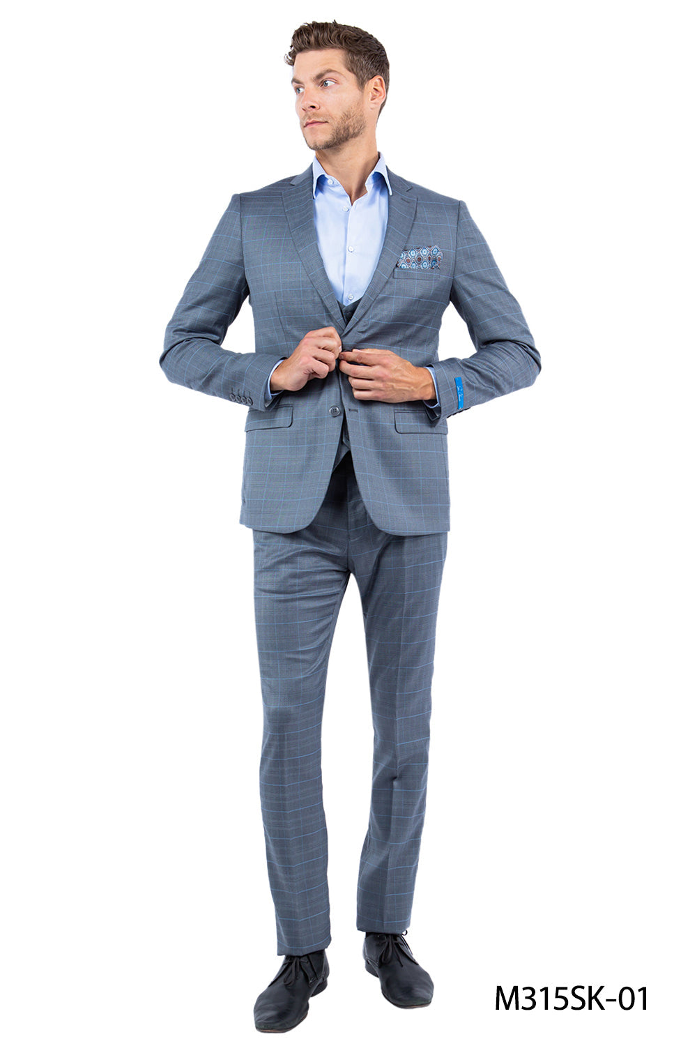 Gray 3 PC Plaid Double Breast Vest Suit Skinny Fit Suits
