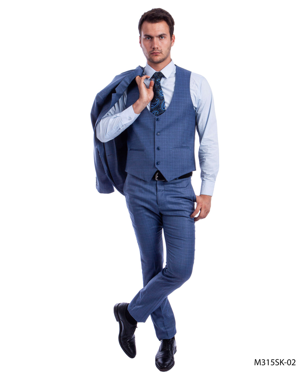Med Blue 3 PC Plaid Double Breast Vest Suit Skinny Fit Suits