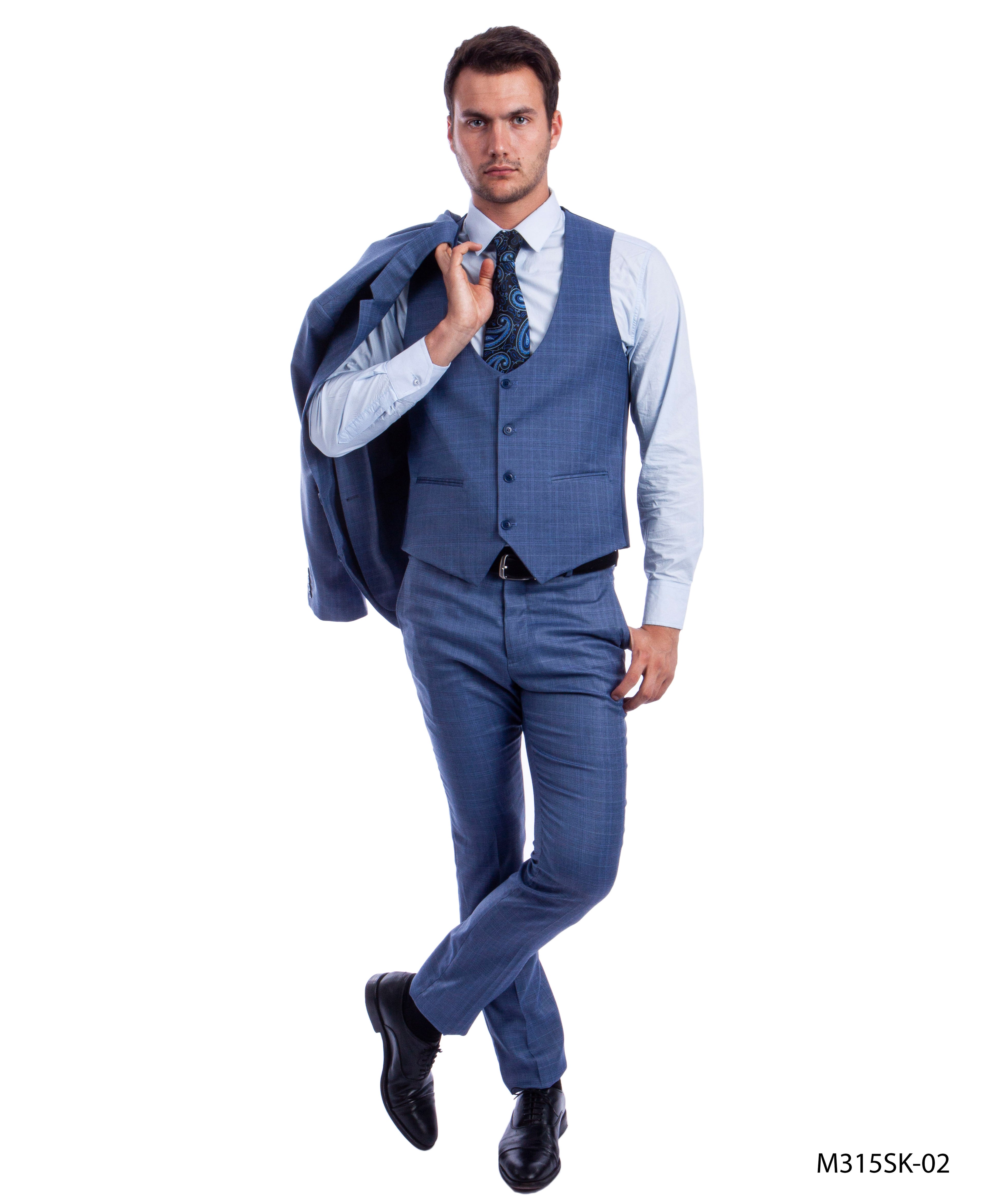 Med Blue 3 PC Plaid Double Breast Vest Suit Skinny Fit Suits